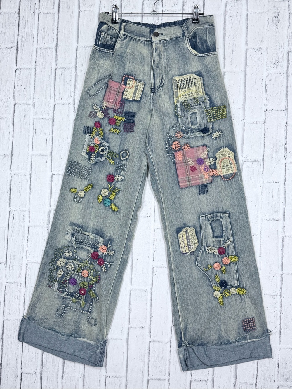 🌸 Blue Velvet Embroidered Patchwork Wide Leg Jeans Denim Size M NWT